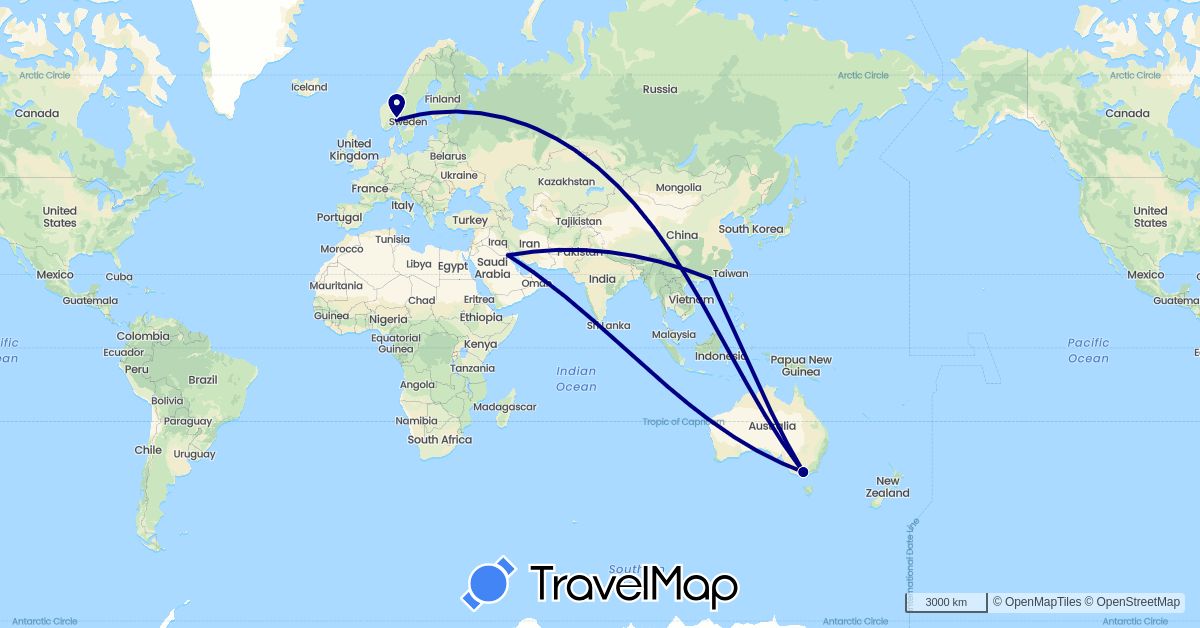 TravelMap itinerary: driving in Australia, China, Kuwait, Norway (Asia, Europe, Oceania)